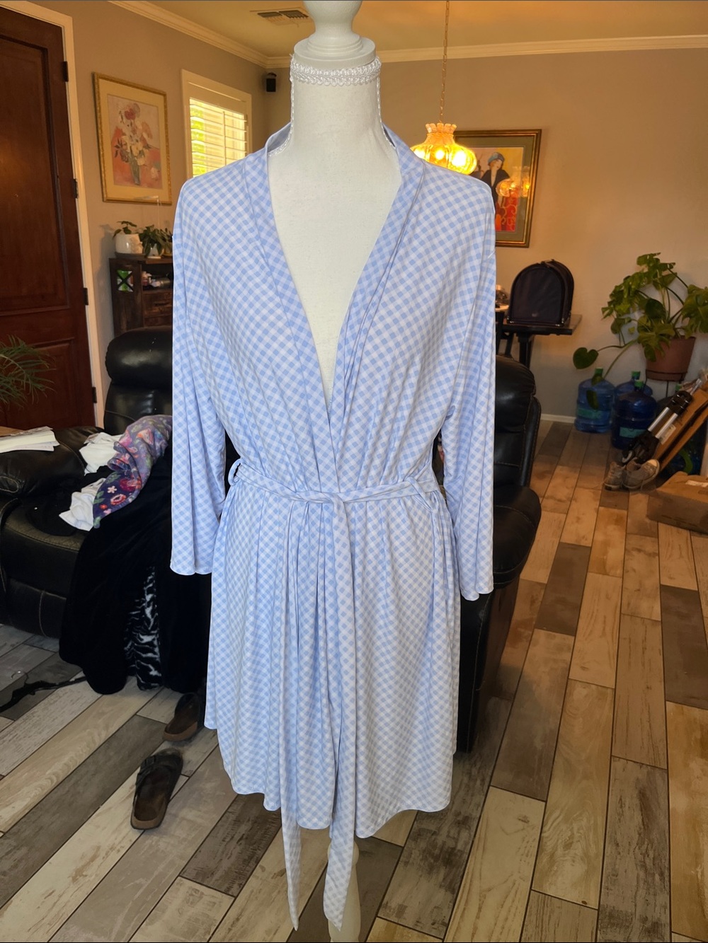 Light Blue Gingham Wrap Robe with Tie Belt